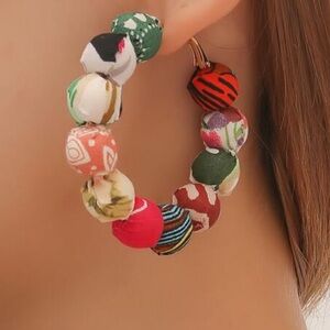 Multicolor Fabric Bead Hoop Earrings
